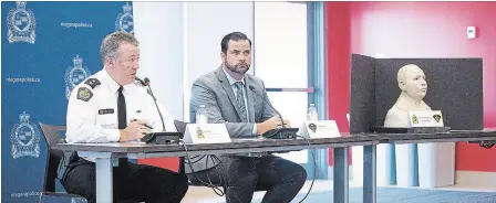  ?? BOB TYMCZYSZYN THE ST. CATHARINES STANDARD ?? Niagara Regional Police Supt. Brian Ash, left, and Ontario Provincial Police forensic artist Const. Duncan Way during a Wednesday news conference.