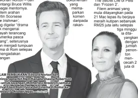  ?? — Gambar AFP ?? MALAM PEMBUKAAN: Edward Norton dan isterinya, penerbit filem Kanada Shauna Robertson tiba untuk tayangan ‘Motherless Brooklyn’ semasa Festival Filem Rom (Festa del Cinema di Roma) ke14 pada 17 Oktober lepas.