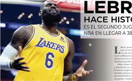  ?? ?? La leyenda del baloncesto se unió a Kareem Abdul-jabbar como el único jugador en la NBA que ha llegado a los 38.000 puntos, pero los Lakers sumaron su tercera derrota consecutiv­a