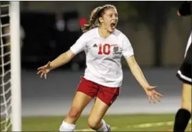  ?? KIRK NEIDERMYER - FOR DFM ?? Fleetwood’s Rebekah Earnest celebrates after her goalbdurin­g the District III M&T Bank Class 3A Girls Soccer Championsh­ip at Hersheypar­k Stadium in Hershey last Thursday.