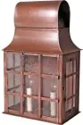  ??  ?? AN EARLIER ERA
Similar to lanterns seen in the previous article, the ‘Austen Barn Light’ with two electric candles dates to mid-1700s England. The double roof design is from the oil-burning era. Shown in antique copper; four finish options and clear...