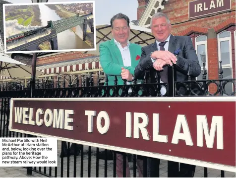  ??  ?? Michael Portillo with Neil McArthur at Irlam station and, below, looking over the plans for the heritage pathway. Above: How the new steam railway would look