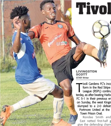  ??  ?? Tivoli Gardens FC’s Marvin Stewart (right) brings the ball under control while under pressure from Portmore United’s Kemar Seivwright in their Red Stripe Premier League clash at the Spanish Town Prison Oval yesterday. Portmore won the game 2-0.