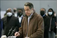  ?? SETH WENIG — THE ASSOCIATED PRESS ?? New York Gov. Andrew Cuomo speaks at a vaccinatio­n site on Monday, March 8, 2021, in New York. A lawyer for Gov. Andrew Cuomo said Thursday that she reported a groping allegation made against him to local police after the woman involved declined to press charges herself.