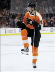  ?? MATT SLOCUM — THE ASSOCIATED PRESS ?? The Flyers’ Robert Hagg celebrates after scoring a goal during the second period Wednesday against the Detroit Red Wings.