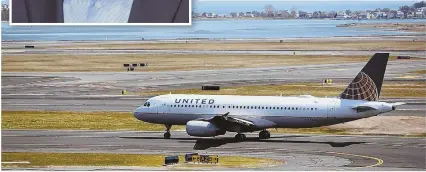  ?? STAFF PHOTO, ABOVE, BY FAITH NINIVAGGI; AP FILE PHOTO, ABOVE LEFT ?? ERR LINES? United CEO Oscar Munoz, above left, took almost 48 hours to issue an apology for the forcible removal of Dr. David Dao, top right, from a United flight on Sunday, after first praising his staff. That could factor into a lawsuit if Dao sues. Above, a United flight taxis at Logan Internatio­nal Airport in East Boston.