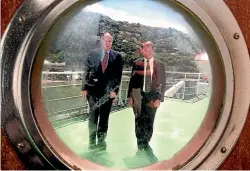  ?? MARK ROUND/STUFF ?? Francis Small, left, on the ferry Aratere with Nick Smith, then conservati­on minister, in 1999. They were meeting to discuss plans for a ferry terminal in Clifford Bay.