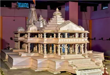  ?? — PTI ?? A model of Ram temple displayed at Kar Sewak Puram in Ayodhya on Monday. Prime Minister Narendra Modi is scheduled to attend the Bhoomi Pujan ceremony of Ram Temple in Ayodhya on August 5.