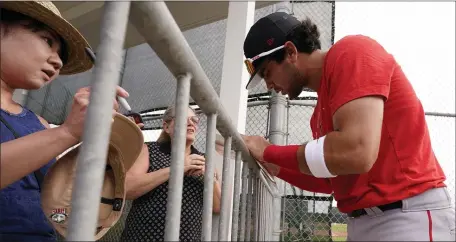  ?? STEVE HELBER — THE ASSOCIATED PRESS ?? Boston Red Sox’s Marcelo Mayer signs autographs during baseball spring training at Jet Blue Park Wednesday March 16, 2022, in Fort Myers, Fla.