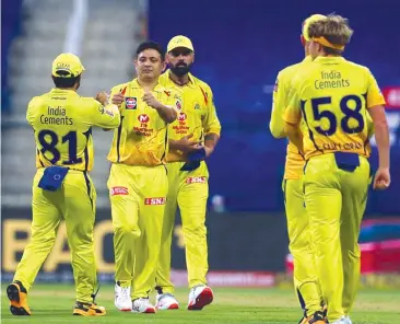  ?? BCCI ?? Chennai Super Kings players celebrates the wicket of Rohit Sharma of Mumbai Indians during match 1 of season 13 of the Indian Premier League held at the Sheikh Zayed Stadium, Abu Dhabi in the United Arab Emirates on Saturday. —