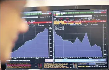  ?? — Reuters ?? A man looks at a terminal screen showing the rise in London’s FTSE 100 index (L) over a period of one month leading up to Monday, and the decline of pound sterling (R), over the same time period, in London.