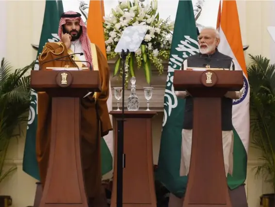  ??  ?? Narendra Modi speaks alongside Mohammed bin Salman (AFP/Getty)