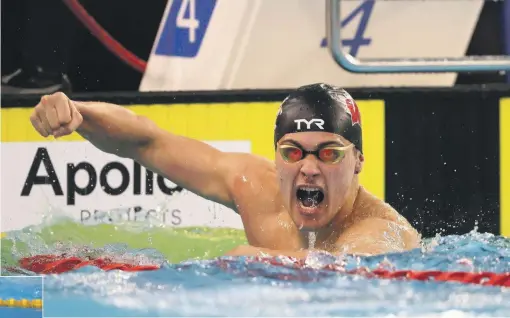  ?? BW MEDIA ?? Taiko Torepe-Ormsby celebrates his Olympic qualificat­ion time in the 50m freestyle at the New Zealand Swimming Championsh­ips in Hastings.