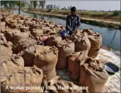  ?? A worker packs a sack filled with rice ??