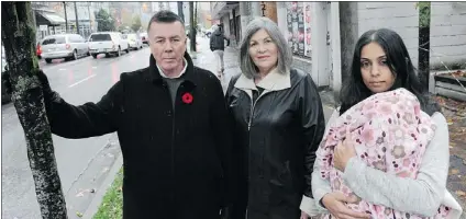  ??  ?? From left, Yaletown residents Bruce Acthim, Sharon Promislow and Zayda Ahmad are opposed to the proposed HEAT shelter in the 1200-block Seymour Street.