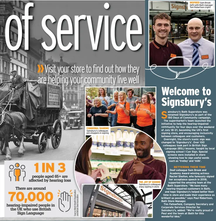  ??  ?? COMMUNAL SHARING Sainsbury’s colleagues join shoppers in signing THE JOY OF SIGNING Sainsbury’s colleagues enjoy signing in store
INSPIRED Sam Brook (left) with Bath manager Tom Robertson (right)