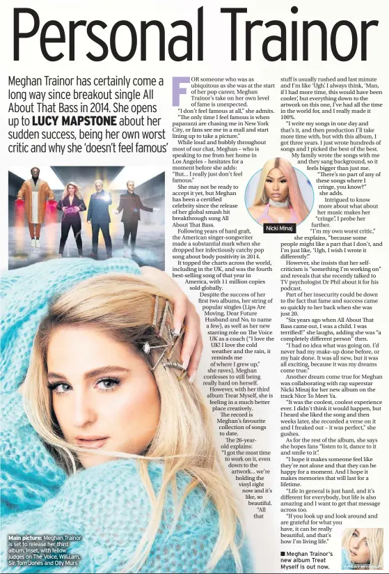  ??  ?? Main picture: Meghan Trainor is set to release her third album. Inset, with fellow judges on The Voice, Will.i.am, Sir Tom Jones and Olly Murs
Nicki Minaj