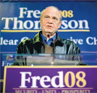  ?? Eric Thayer Getty Images ?? BOTH DOWN-HOME AND SOPHISTICA­TED Thompson speaks at a 2007 presidenti­al campaign event at the Webster County Republican headquarte­rs in Fort Dodge, Iowa. He was elected to the U.S. Senate twice before opting to leave.