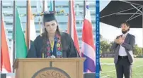  ?? COURTESY ?? Elizabeth Bonker, who has nonspeakin­g autism, delivers the valedictor­y address at Rollins College on May 9 with the help of text-to-voice software.