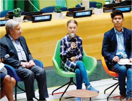  ?? Foto: dpa/Eduardo Munoz Alvarez ?? UN-Generalsek­retär Antonio Guterres ist Greta Thunberg und Bruno Rodríguez (v.l.n.r.) für ihre klaren Worte dankbar.