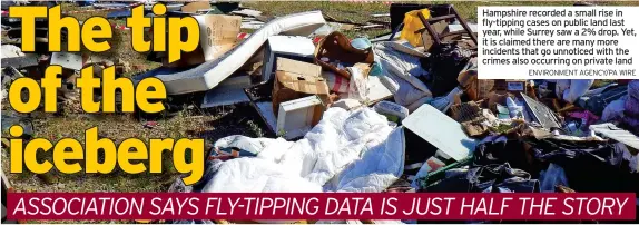  ?? ENVIRONMEN­T AGENCY/PA WIRE ?? Hampshire recorded a small rise in fly-tipping cases on public land last year, while Surrey saw a 2% drop. Yet, it is claimed there are many more incidents that go unnoticed with the crimes also occurring on private land