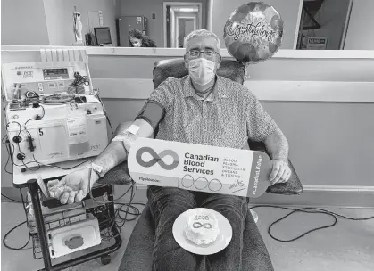  ?? CONTRIBUTE­D ?? Allen Veale of Stratford, P.E.I., gave his 1,000th blood donation on July 28. He is the second Islander to reach this milestone.