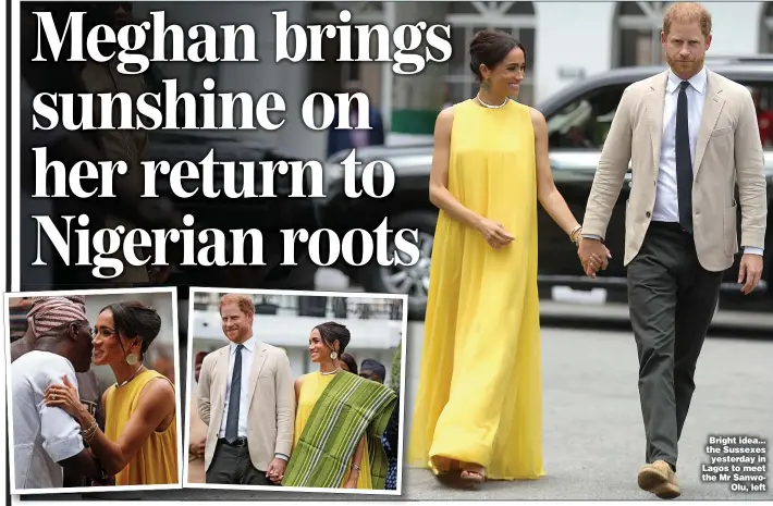  ?? Picture: KOLA SULAIMON/AFP ?? Bright idea... the Sussexes yesterday in Lagos to meet the Mr SanwoOlu, left