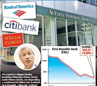  ?? ?? The country’s biggest banks, including JPMorgan Chase, led by Jamie Dimon (inset), are depositing a combined $30 billion into troubled First Republic, citing the “critical” role of “banks of all sizes.”