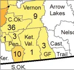  ?? B.C. CDC/Special to The Daily Courier ?? This map from the B.C. Centre for Disease Control shows the number of people who tested positive for COVID-19 last week in different areas of the B.C. Southern Interior.