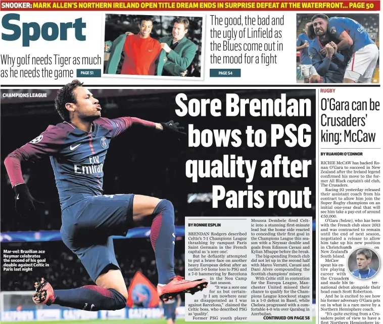  ??  ?? Mar-vel: Brazilian ace Neymar celebrates the second of his goal double against Celtic in Paris last night