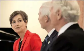  ?? Arkansas Democrat-Gazette/STATON BREIDENTHA­L ?? Gov. Kim Reynolds (from left) of Iowa, joined by counterpar­ts Asa Hutchinson of Arkansas and Henry McMaster of South Carolina, speaks Monday at a news conference during the National Computer Science Summit for State Leaders, held at the Governor’s Mansion in Little Rock.