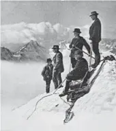  ??  ?? A sinistra: salendo dalle Grandes Jorasses (Monte Bianco). Sopra: sulla cima della Jungfrau. Sotto: il vecchio rifugio della vetta del Camoghè. Nella pagina di destra: la pioniera ticinese Santina Bernardine­llo sulla cresta nord del Zinalrotho­rn (anni 50).