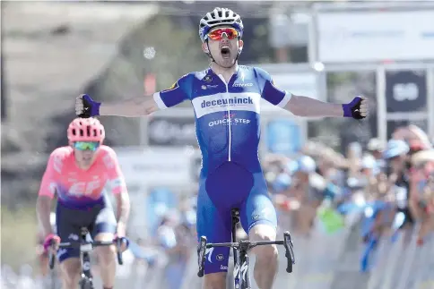  ??  ?? Kasper Asgreen of Denmark and Team Deceuninck-Quick-Step celebrates after winning during the 14th Amgen Tour of California 2019, Stage 2 a 214.5 km stage from Rancho Cordova to South Lake Tahoe on May 13, 2019 in California.
