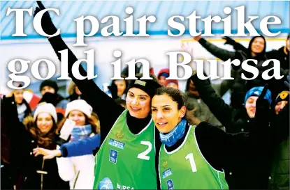  ??  ?? Aleyna Vence (left) and Buğra Eryıldız won the gold medal at the 2018 CEV Snow Volleyball European Tour held in Bursa
