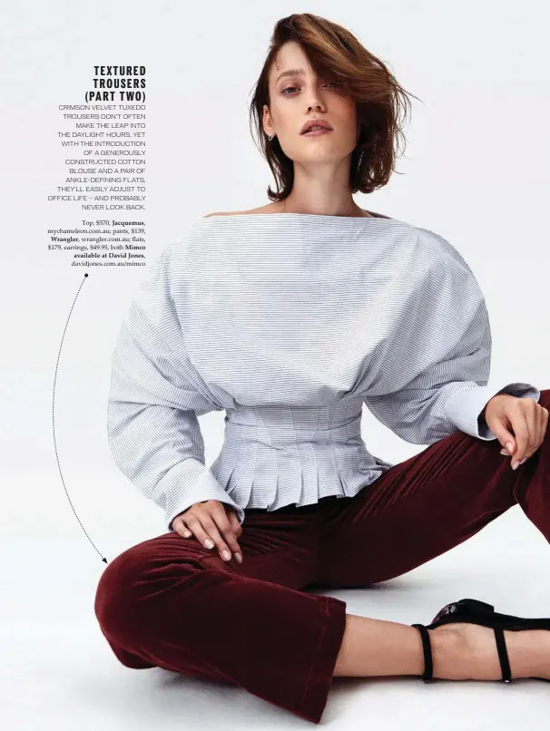  ??  ?? Top, $570, Jacquemus, mychameleo­n.com.au; pants, $139, Wrangler, wrangler.com.au; flats, $179, earrings, $49.95, both Mimco available at David Jones, davidjones.com.au/mimco