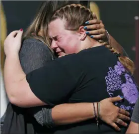  ?? BRYNN ANDERSON — THE ASSOCIATED PRESS ?? Kieran Ahearn, right, cries on the shoulder of her friend, Lara Bortolotti, left, during a community vigil at Pine Trails Park, Thursday in Parkland, Fla., for the victims of the shooting at Marjory Stoneman Douglas High School. Nikolas Cruz, a former...