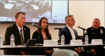  ?? RECORDER PHOTO BY JAMIE A. HUNT ?? At the Fentanyl Awareness Town Hall Tuesday, November 15, from left, Tulare County District Attorney Tim Ward, Burton schools nurse Stephanie Bravo, Tulare County Sheriff Mike Boudreaux, and Portervill­e Police Captain Dominic Barteau.