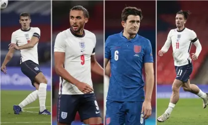  ??  ?? Left to right: Conor Coady, Dominic Calvert-Lewin, Harry Maguire and Jack Grealish. Photograph: AP, Getty Images and Rex/Shuttersto­ck