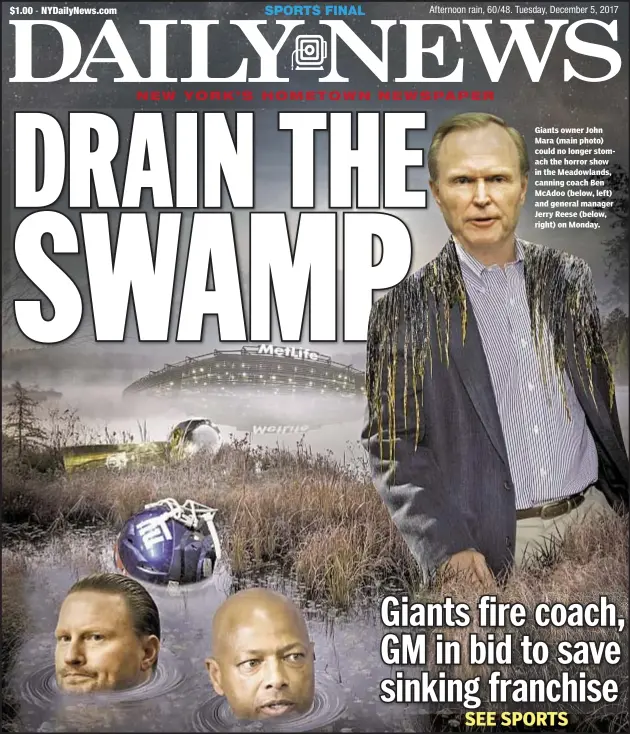  ??  ?? Giants owner John Mara (main photo) could no longer stomach the horror show in the Meadowland­s, canning coach Ben McAdoo (below, left) and general manager Jerry Reese (below, right) on Monday.