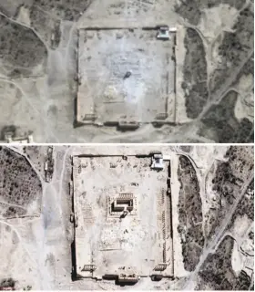  ?? Associated Press ?? These satellite images show the 2,000-year-old Temple of Bel before (bottom) and after (top) an explosion was set off by the militant group.