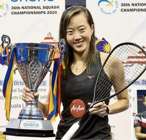  ?? — S. S.KANESAN / The Star ?? Justified top seeds: Low Wee Wern posing with her trophy and racquet after beating S. Sivasangar­i to win the National Squash Championsh­ip at Bukit Jalil. Inset: Ivan Yuen with his prize after defeating Syafiq Kamal.