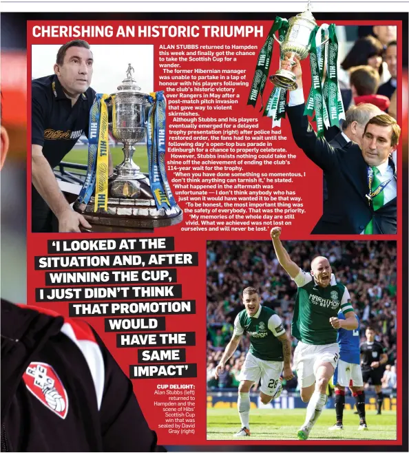  ??  ?? CUP DELIGHT: Alan Stubbs (left) returned to Hampden and the scene of Hibs’ Scottish Cup win that was sealed by David Gray (right)