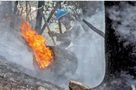  ?? EDDIE MOORE/THE ALBUQUERQU­E JOURNAL VIA AP ?? Carson Hot Shots’ Tyler Freeman works to keep a burning log from rolling down a slope May 23 as he and his co-workers work on hot spots from the Calf Canyon/Hermits Peak Fire in the Carson National Forest west of Chacon, N.M.