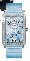  ??  ?? From top: White gold and diamond MasterGraf­f Floral Tourbillon watch, Graff Diamonds. Steel and diamond Long Island Flower watch, $35,396, Franck Muller. Pink gold and diamond Re-Belle Sakura watch, $56,582, Cvstos
