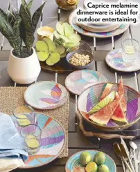  ??  ?? Caprice melamine dinnerware is ideal for outdoor entertaini­ng.