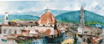  ?? Foto: Katalog ?? In dieser Stadt wurde im 15. Jahrhunder­t die Kunstgesch­ichte neu geboren: Florenz. Aquarell aus der Hand von Konrad Oberländer, 32 mal 76 Zentimeter, 1978.