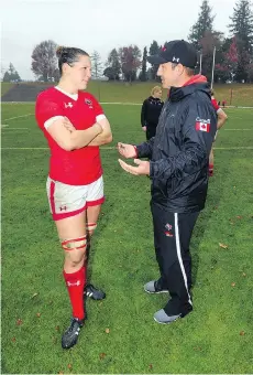  ?? DAVE LINTOTT/THE CANADIAN PRESS/RUGBY CANADA ?? Rugby coach Francois Ratier and women’s national team captain Kelly Russell get ready for the Women’s Rugby World Cup opening game Wednesday in Ireland.