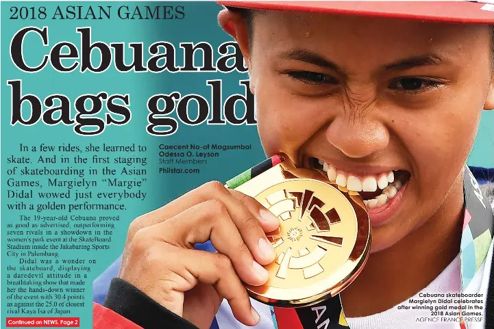  ?? AGENCE FRANCE PRESSE ?? Cebuana skateboard­er Margielyn Didal celebrates after winning gold medal in the2018 Asian Games.