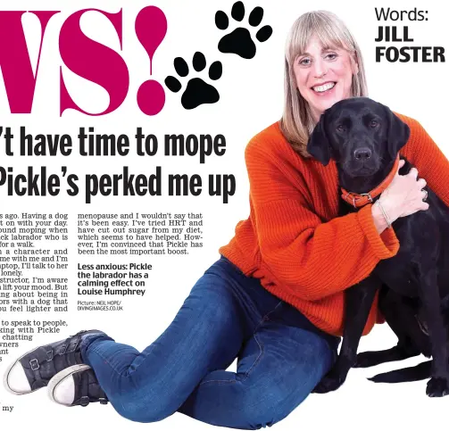  ?? Picture: NEIL HOPE/ DIVINGIMAG­ES.CO.UK ?? Less anxious: Pickle the labrador has a calming effect on Louise Humphrey