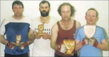  ??  ?? Pictured at a handball challenge between Galbally and Mitchelsto­wn in 1988, l-r: John Dillon and Pat Henebry (runners-up), with Hennessy brothers, Willie and Paddy (winners).